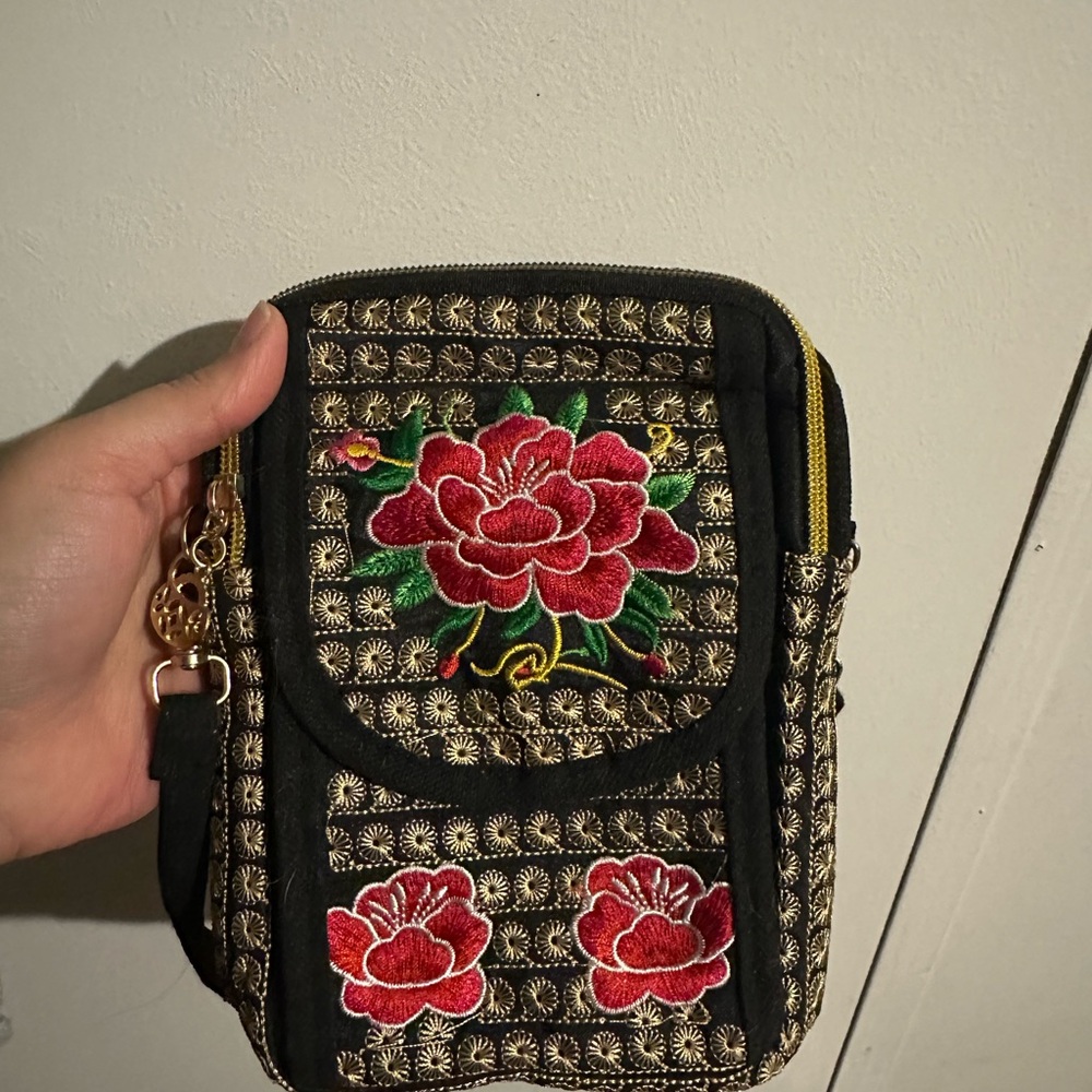 Embroidered Floral Black Crossbody Bag
